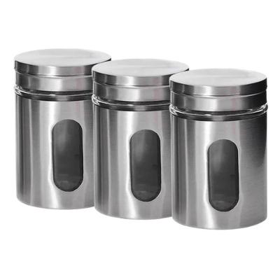 Kit 3 Pote Porta Mantimento Em Inox Com Visor De Vidro Em Casa Tem 950ml