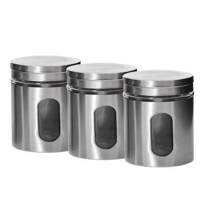 Kit 3 Pote Porta Mantimento Em Inox Com Visor De Vidro Em Casa Tem 600ml