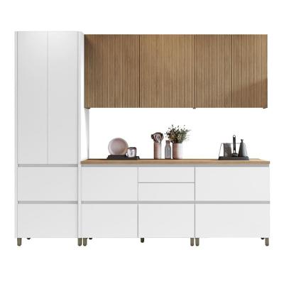 Armário De Cozinha Completa 8 Portas 7 Gavetas 100% Mdf Raissa Nesher Branco / Madeirado