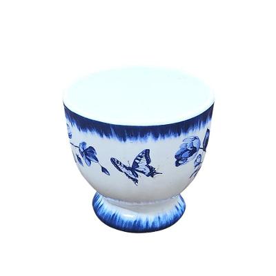 Mini Bowl Com Pé De Cerâmica Demoiselle Scalla Branco E Azul Borboletas 9x8cm