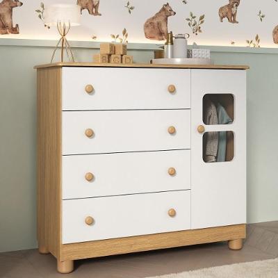 Cômoda Infantil 95cm 1 Porta Com Vidro E 4 Gavetas Sol Multimóveis MP4422 Madeirado/branco
