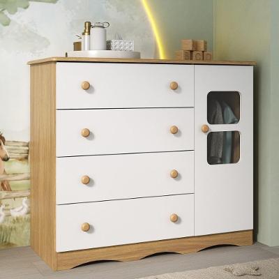 Cômoda Infantil 95cm 1 Porta Com Vidro E 4 Gavetas Serena Multimóveis MP4434 Madeirado/branco