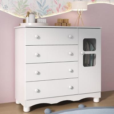 Cômoda Infantil 95cm 1 Porta Com Vidro E 4 Gavetas Luna Multimóveis MP4414 Branco