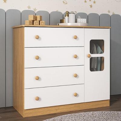 Cômoda Infantil 95cm 1 Porta Com Vidro E 4 Gavetas Brisa Multimóveis MP4428 Madeirado/branco