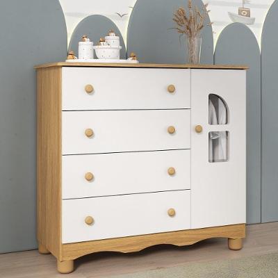 Cômoda Infantil 95cm 1 Porta Com Vidro E 4 Gavetas Aurora Multimóveis MP4499 Madeirado/branco