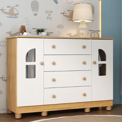 Cômoda Infantil Nina 4 Gavetas em MDF com Puxador Plástico Branco com Portas e Prateleiras