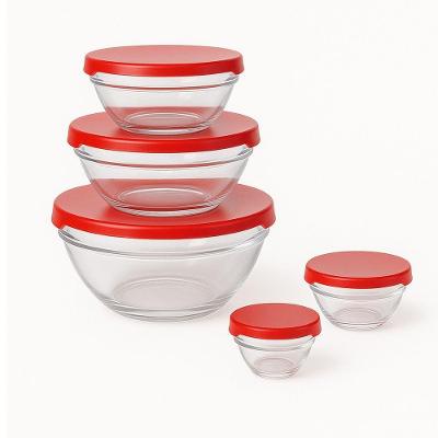 Kit De 5 Potes De Vidro Transparente Com Tampa Vermelha Em Casa Tem