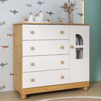 Cômoda Infantil Nina 4 Gavetas em MDF com Puxador Plástico Branco e Madeirado