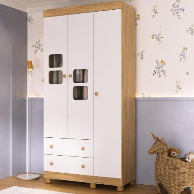 Guarda-roupa Infantil 92cm Com Vidro 3 Portas E 2 Gavetas Sol Multimóveis MP4419 Madeirado/branco
