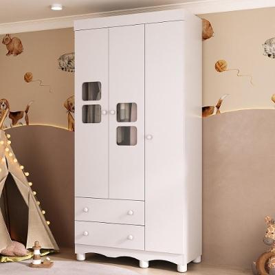 Guarda-roupa Infantil 92cm Com Vidro 3 Portas E 2 Gavetas Luna Multimóveis MP4412 Branco