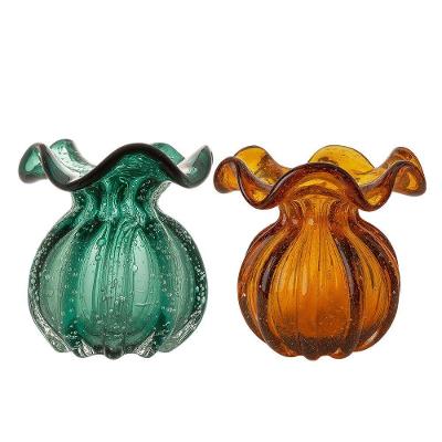 Kit 2 Vaso Vidro Murano Trouxinha Flor Plantas Arranjos Verde Esmeralda E âmbar 10x11cm