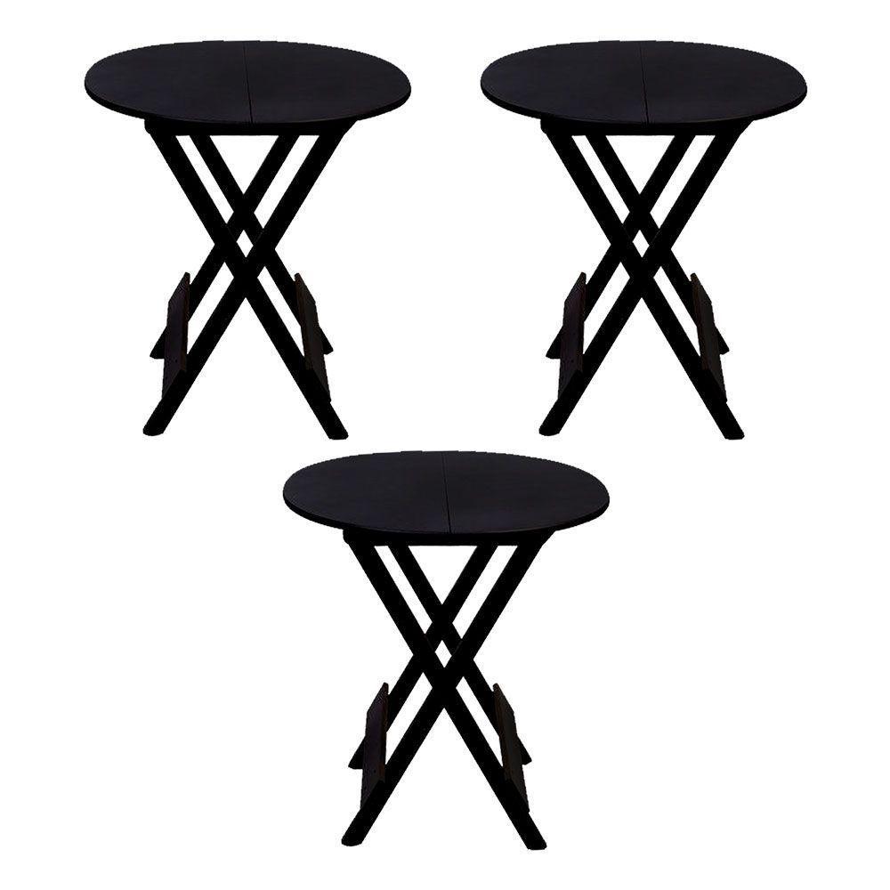 Kit 3 Mesas Redondas Dobráveis Em Madeira Maciça 70X70 Preto Ideal Para Bares E Restaurantes - 1
