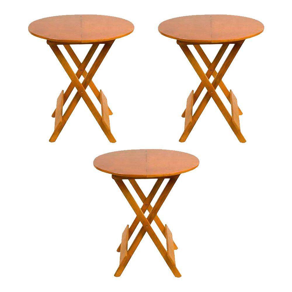 Kit 3 Mesas Redondas Dobráveis Em Madeira Maciça 70X70 Mel Ideal Para Bares E Restaurantes - 1