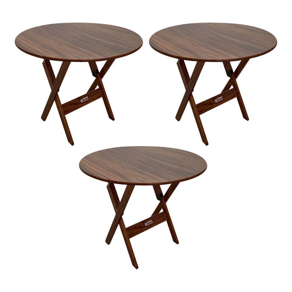 Kit 3 Mesas Dobráveis De Madeira Redonda 90cm Imbuia Cor: Marrom - 1