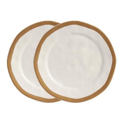 Jogo 2 Prato Raso De Cerâmica Amassada Bege Com Filet Dourado Gold Scalla 27cm