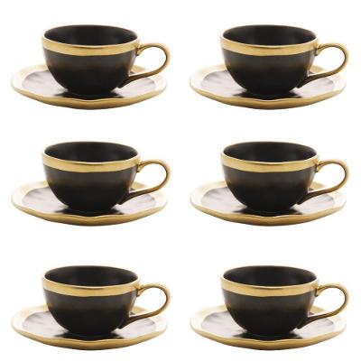 Conjunto De Xícara De Chá Com Pires 06 Peças Dubai Preto E Dourado 200ml Wolff