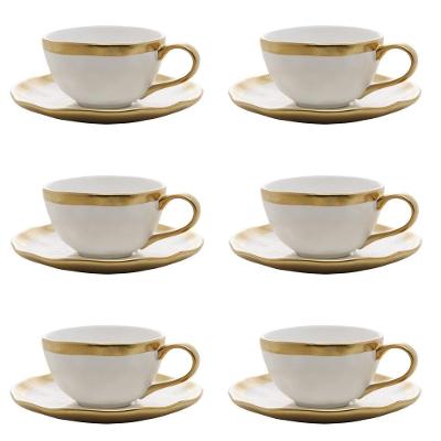 Conjunto De Xícara De Chá Com Pires 06 Peças Dubai Branco E Dourado 200ml Wolff