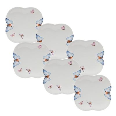 Conjunto de Pratos Rasos Borboletas 6 Peças Porcelana Branco para Mesa Wolff
