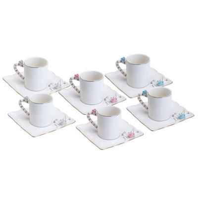 Conjunto de Xícaras de Café Flower Square Plate 80ML em Porcelana Branco Rosa e Azul Wolff