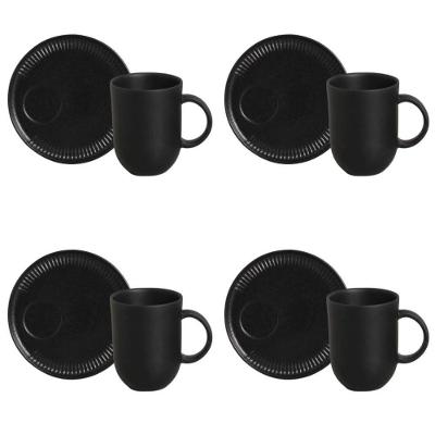 Conjunto de Canecas com Pires Linhas 4 Peças em Cerâmica Stoneware Preto Porto Brasil