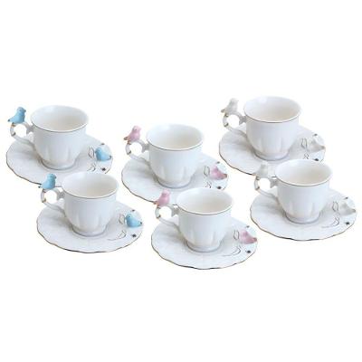 Conjunto de Xícaras de Café Birds Round Plate 100ML Porcelana com Pires Branco Rosa e Azul Wolff