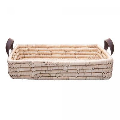 Bandeja Retangular Decorativa De Fibra Natural E Alça Em Couro Braid Lyor