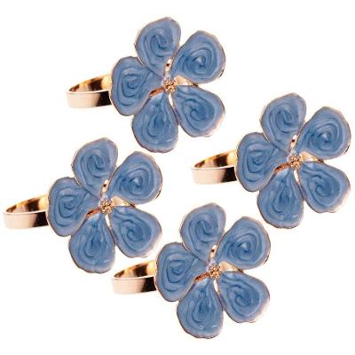 Conjunto de Anéis para Guardanapo Flower Zamac Azul Dourado Jogo 4 Peças Lyor