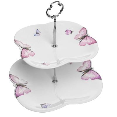 Porta Doces De Porcelana 2 Andares Borboletas 20/24 X 25 Cm Wolff