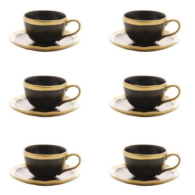 Conjunto de Xícara de Cafezinho com Pires Dubai 06 Peças 90ML Preto e Dourado Wolff