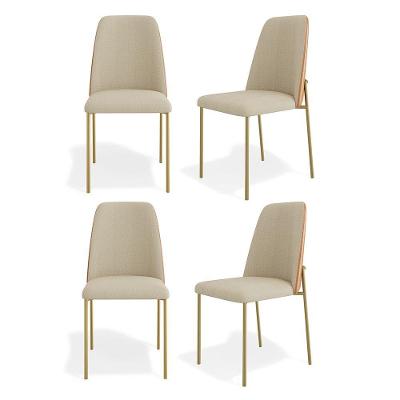Kit 04 Cadeiras Sala De Jantar Lior Estofada Base Dourada Linho Bege Couríssimo Whisky - Desk Design