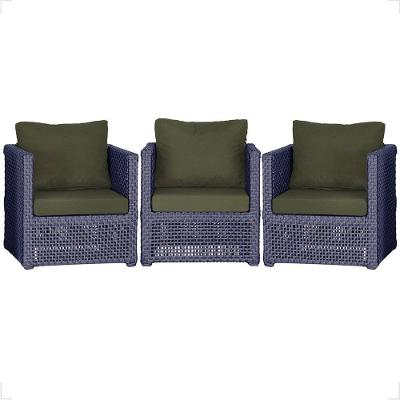 3 Poltronas Madri Alumínio Corda Náutica Estofado 13 Trama Azul