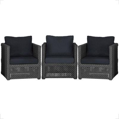 Kit 3 Poltronas Madri Alumínio Corda Náutica Estofado Tecido Impermeável Preto Trama Original