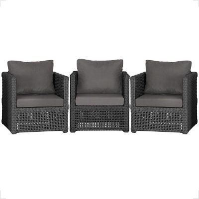 Kit 3 Poltronas Madri Alumínio Corda Náutica Estofado Preto Trama Original