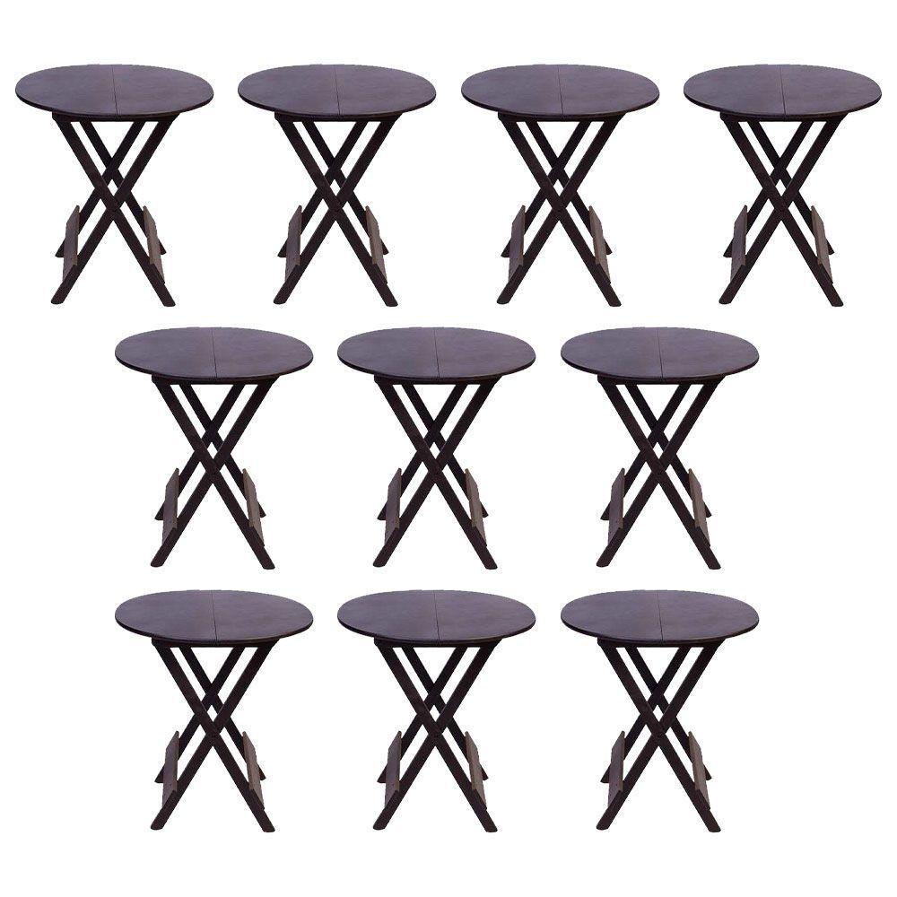 Kit 10 Mesas Redondas Dobráveis Em Madeira Maciça 70X70 Marrom Ideal Para Bares E Restaurantes - 1