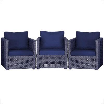 3 Poltronas Madri Alumínio Corda Náutica Estofado 10 Trama Azul