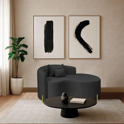 Divã Recamier Curvo Sala De Estar Recepção Inglaterra 150cm Pés Metal Dourado Lado Direito Linho Preto