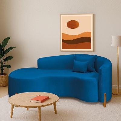 Divã Recamier Curvo Sala De Estar Recepção Inglaterra 180cm Pés Madeira Lado Esquerdo Linho Azul Royal
