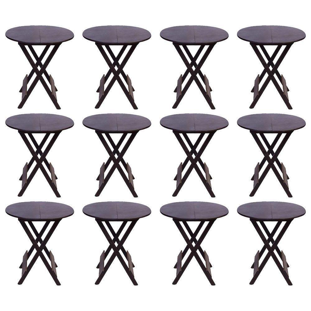 Kit 12 Mesas Redondas Dobráveis Em Madeira Maciça 70X70 Marrom Ideal Para Bares E Restaurantes - 1