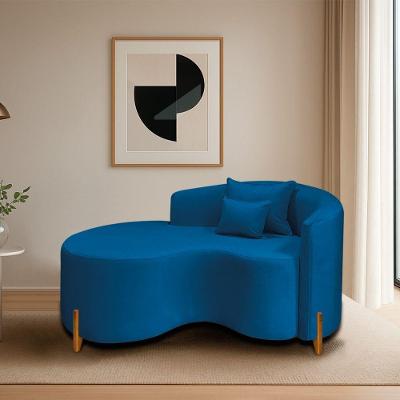 Divã Recamier Curvo Sala De Estar Recepção Inglaterra 150cm Pés Madeira Lado Esquerdo Linho Cor Azul Royal