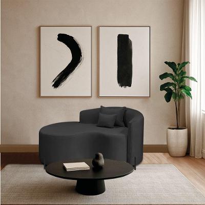 Divã Recamier Curvo Sala De Estar Recepção Inglaterra 150cm Pés Metal Dourado Lado Esquerdo Linho Cor Preto