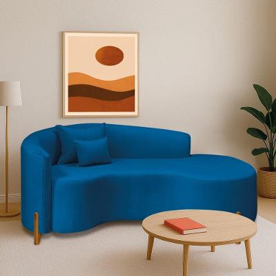 Divã Recamier Curvo Sala De Estar Recepção Inglaterra 180cm Pés Madeira Lado Direito Linho Azul Royal