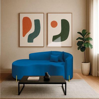 Divã Recamier Curvo Sala De Estar Recepção Inglaterra 200cm Pés Metal Dourado Lado Esquerdo Linho Cor Azul Royal