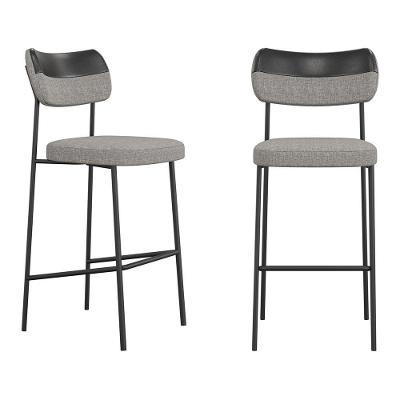 Kit 02 Banquetas Altas Cozinha Lila Com Encosto Couríssimo Preto Linho Cinza - Desk Design