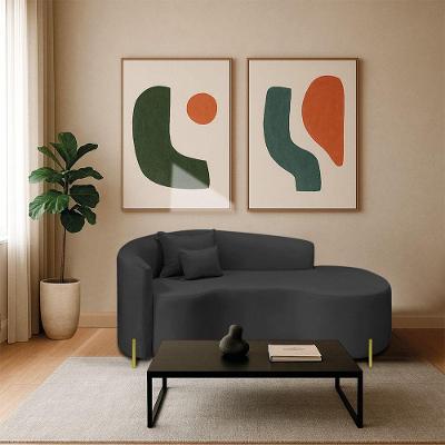 Divã Recamier Curvo Sala De Estar Recepção Inglaterra 200cm Pés Metal Dourado Lado Direito Linho Cor Preto