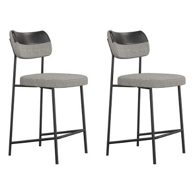 Kit 02 Banquetas Médias Cozinha Lila Com Encosto Couríssimo Preto Linho Cinza - Desk Design