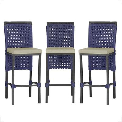 3 Banqueta Em Alumínio Roma Preta Corda Náutica Tecido 7 Azul