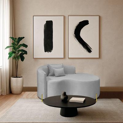 Divã Recamier Curvo Sala De Estar Recepção Inglaterra 150cm Pés Metal Dourado Lado Direito Linho Cinza Claro