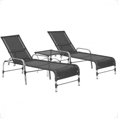 Kit 2 Espreguiçadeiras Catar Mesa Confortável Garden Trama Preto