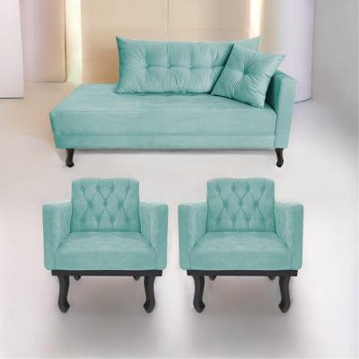 Kit Diva Recamier Azura 185cm Lado Esquerdo e 02 Poltronas Classic Suede Azul tiffany