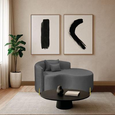 Divã Recamier Curvo Sala De Estar Recepção Inglaterra 150cm Pés Metal Dourado Lado Direito Linho Cor Cinza Escuro